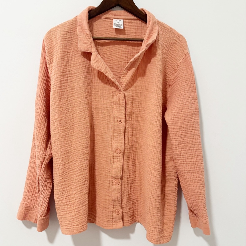 Serra Gauzy Button-Down Shirt Womens Size XXL Orange Cotton Textured Boho‎